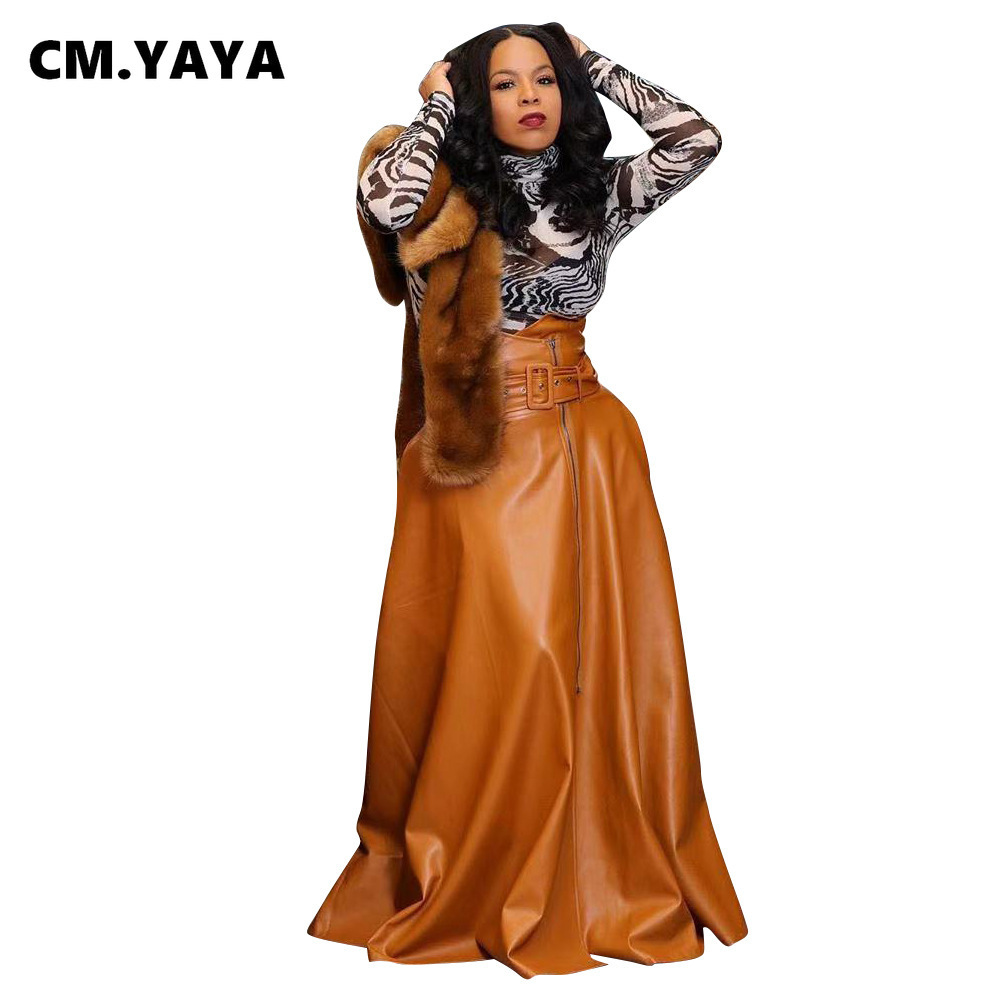 CM.YAYA Women High Waist Faux Leather Long Skirts Night Club Street Vintage Sashes A-line Maxi PU Skirts Party Bandage Skirt 210311 - view 4
