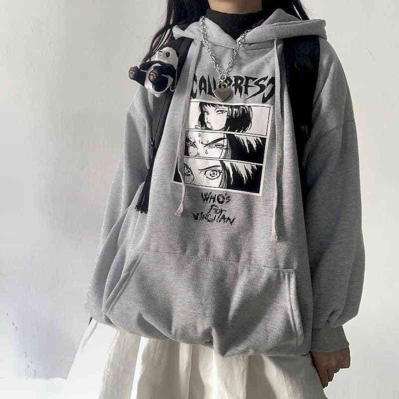 Men's Sad Girl Harajuku Aesthetic Anime Unisex Casual Hoodies Japanese Streetwear Tops Hip hop The Dark Cartoon Print Sweatshirt 201204