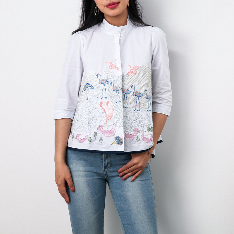 Crane Embroidery Shirt Tops Women Summer Autumn Fashion 3/4 Sleeve Casual Blouses Ladies White Doll Shirts 210225