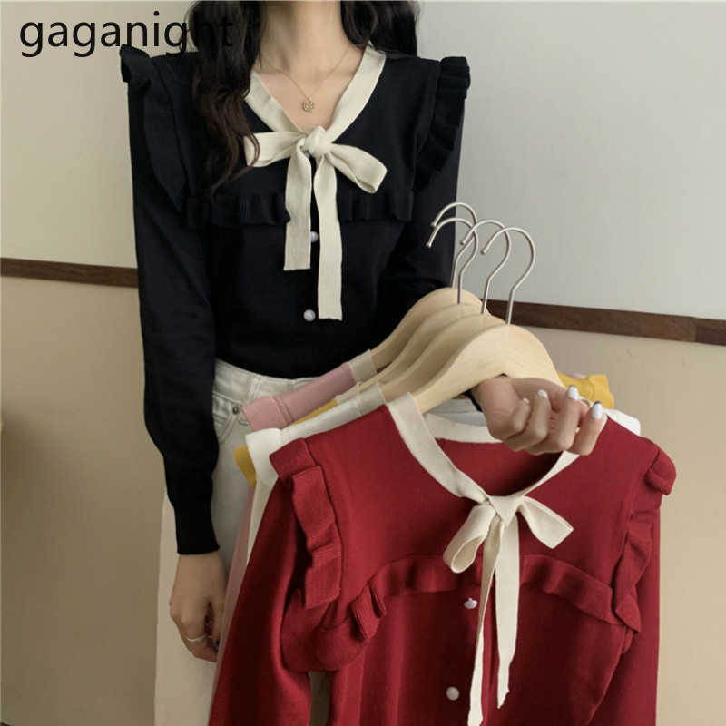 Elegant Korean Knited Women Sweater Chic Butterfly Sleeve VNeck Pullovers Fashion Bow Office Lady Winter Tops 210601