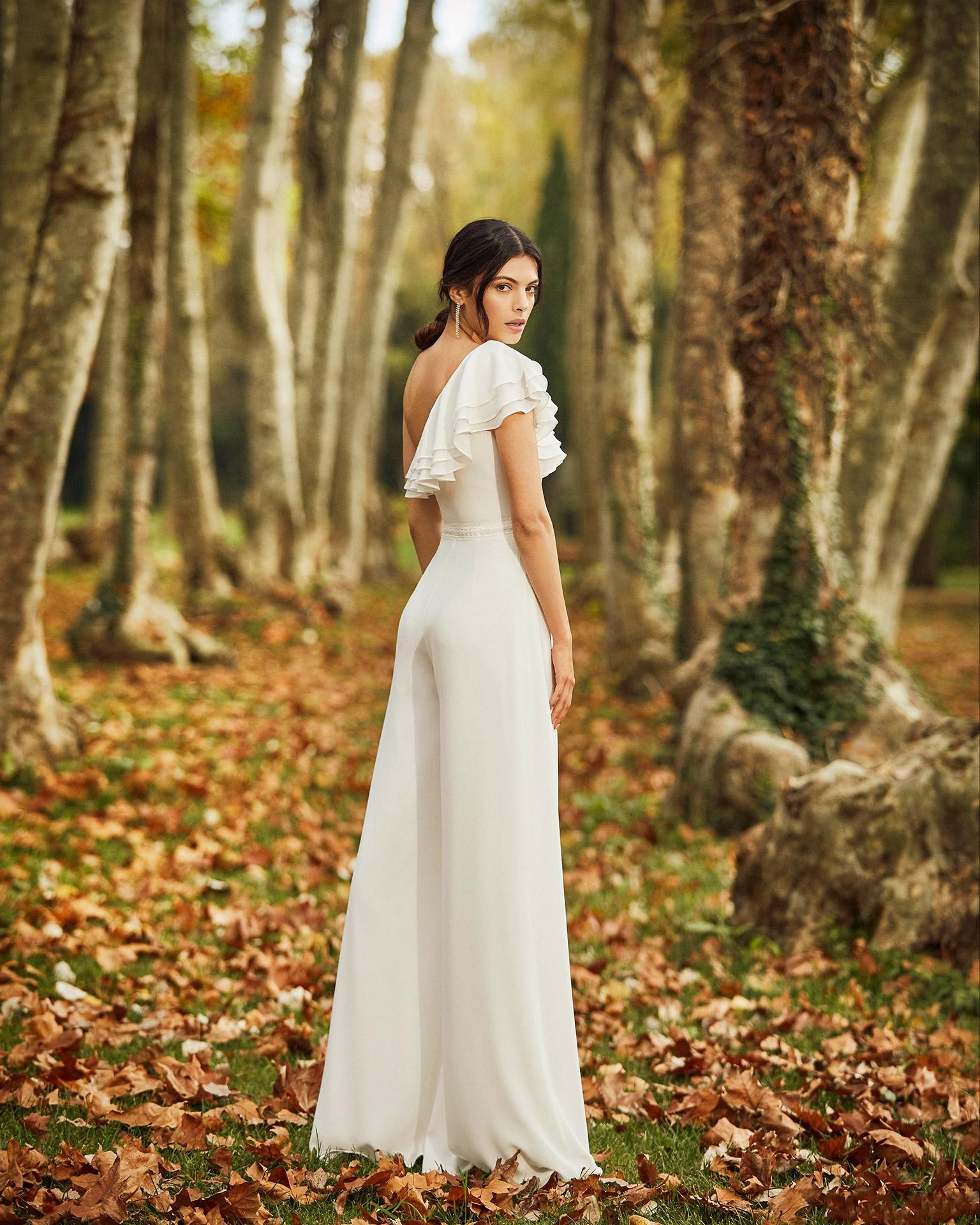 Arrival Bohemian New Cheap Simple Jumpsuit One Shoulder Chiffon Floor Length Ruffles Beach Wedding Dress Pants Robes De Marie