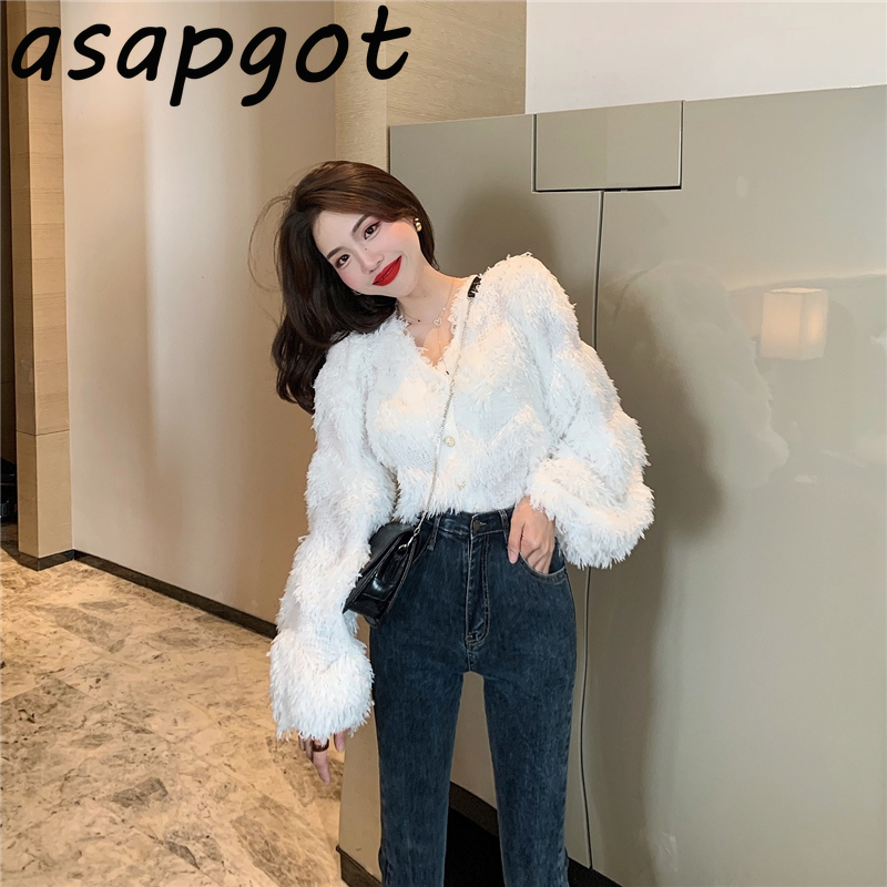 Asapgot Fashion Chic Korea Plush V-neck Tassel Sweaters Coat Autumn Winter New Thick Wild Pink Long-sleeved Cardigan Top Sweet 210218