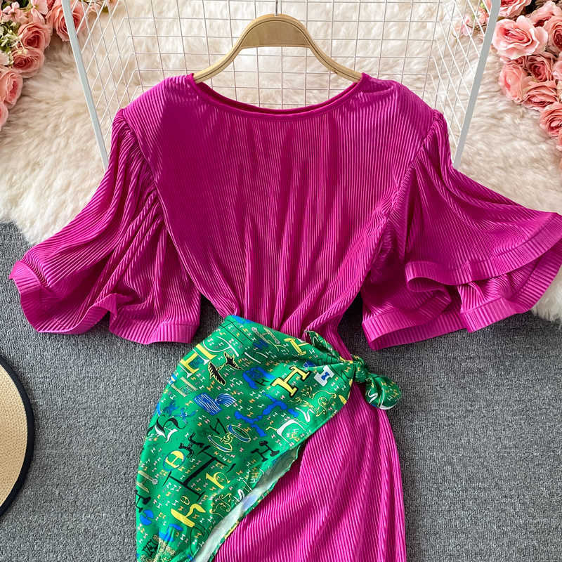 DEAT Women Pleated Ruffles Dress Round Neck Short Sleeve Arrivals Lady Temperament Fashion Spring Summer 11D1411 210709