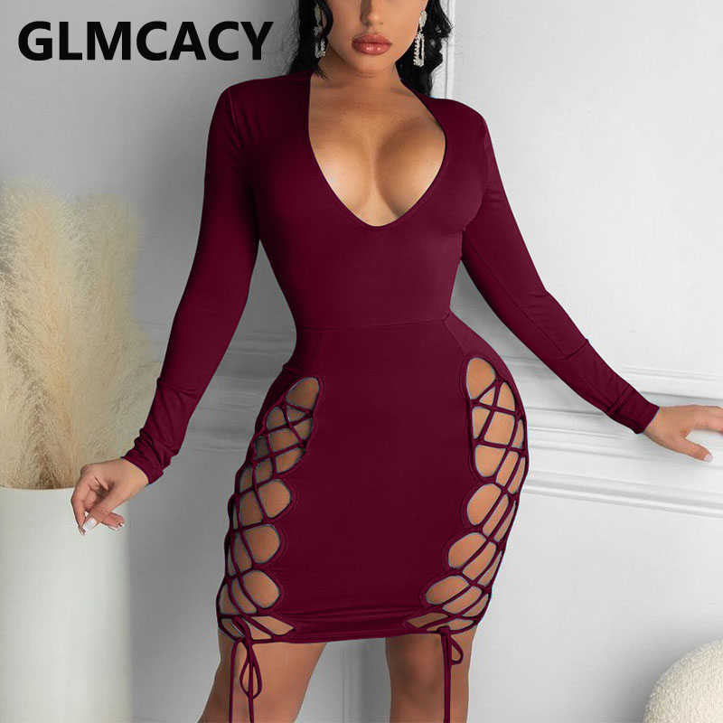Women Long Sleeve Plunge V-neck Sexy & Club Bandage Mini Dress 210702