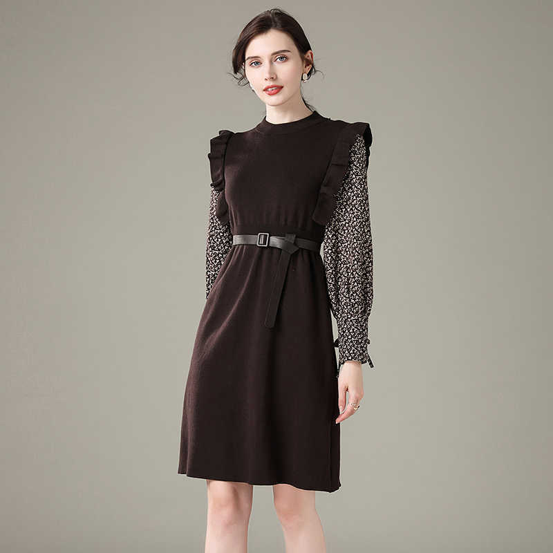 Autumn Women Ruffles Knitted Patchwork Corduroy Long Sleeve Dress Elegant Slim Ladies Party Dresses Vestidos With Belt 210525
