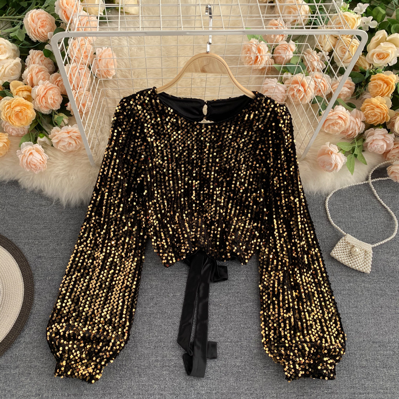 Sexy Hollow Out Sequin Blouse Women O-Neck Open Back Bandage Tops Elegant Black/Red Bg Club Party Shirt Autumn Fashion 210308