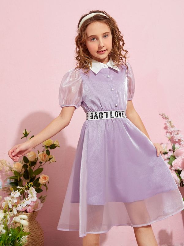 Girls Letter Tape Waist Puff Sleeve Mesh Dress SHE