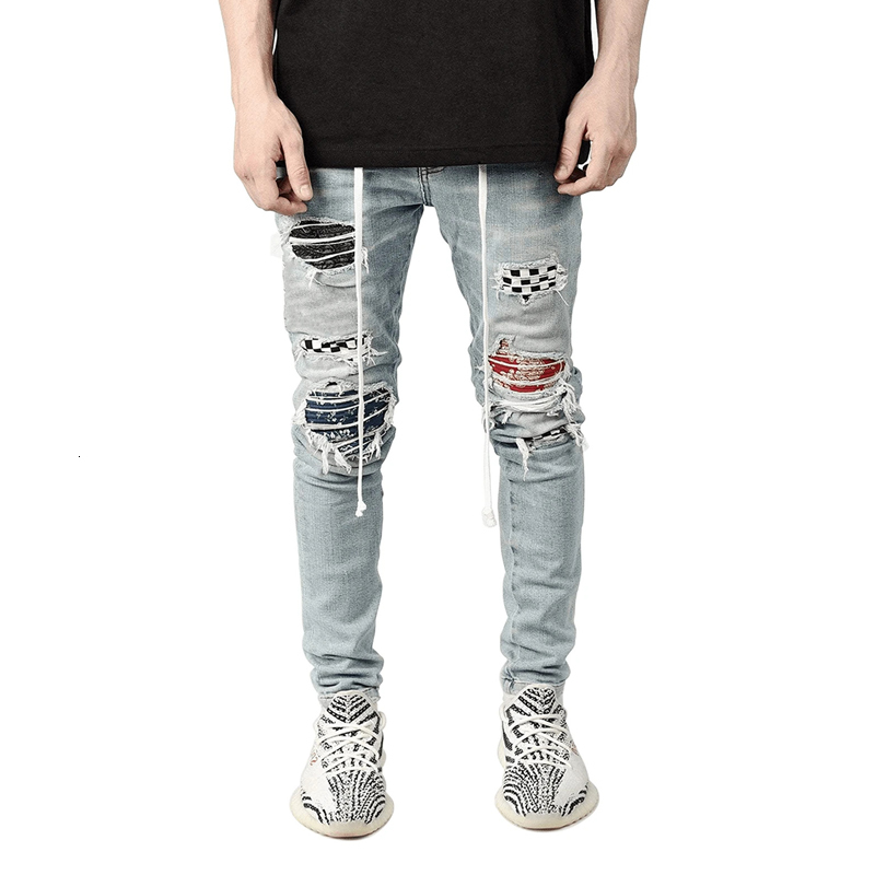 2021 New Men's Zipper Slim Ny Stretchy Ripped Biker Embroidery Print Destroyed Jeans Xwct, 807