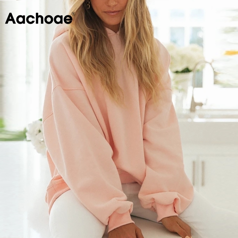 Aachoae Casual Solid Pullover Hoodies Sweatshirts Women Batwing Long Sleeve Loose Base Tops Lady Office Wear Hooded Hoodie 201204