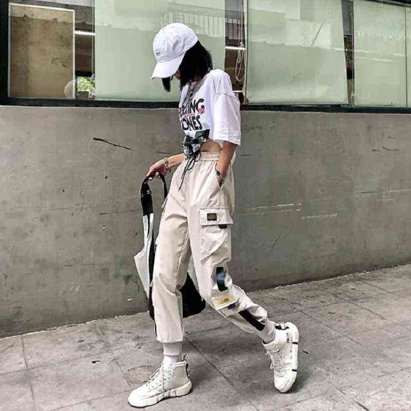 QWEEK Punk Japanese Streetwear Cargo Pants Women Harajuku Joggers Sweatpants Baggy Casual Loose Trousers For Female Techwear 211115