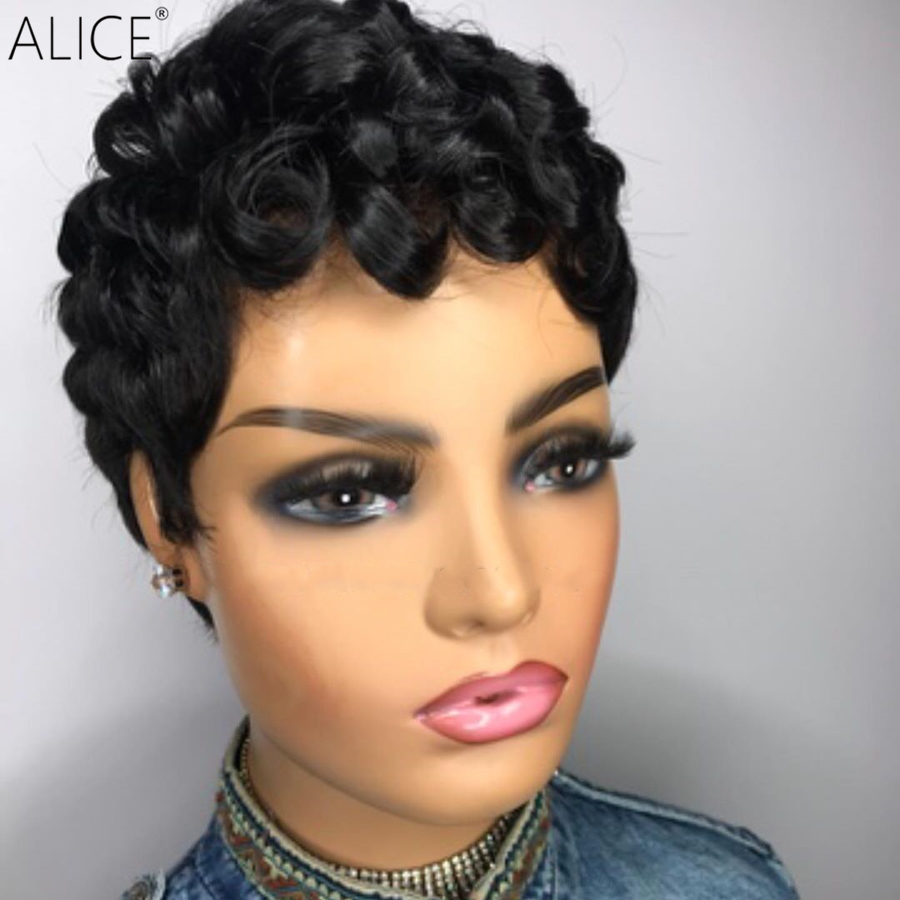 NEW short Pixie Curly none Lace Front Human Hair Wigs With Baby Hair 8'' 150% 180% Density Brazilian Remy Hair Wig For Women