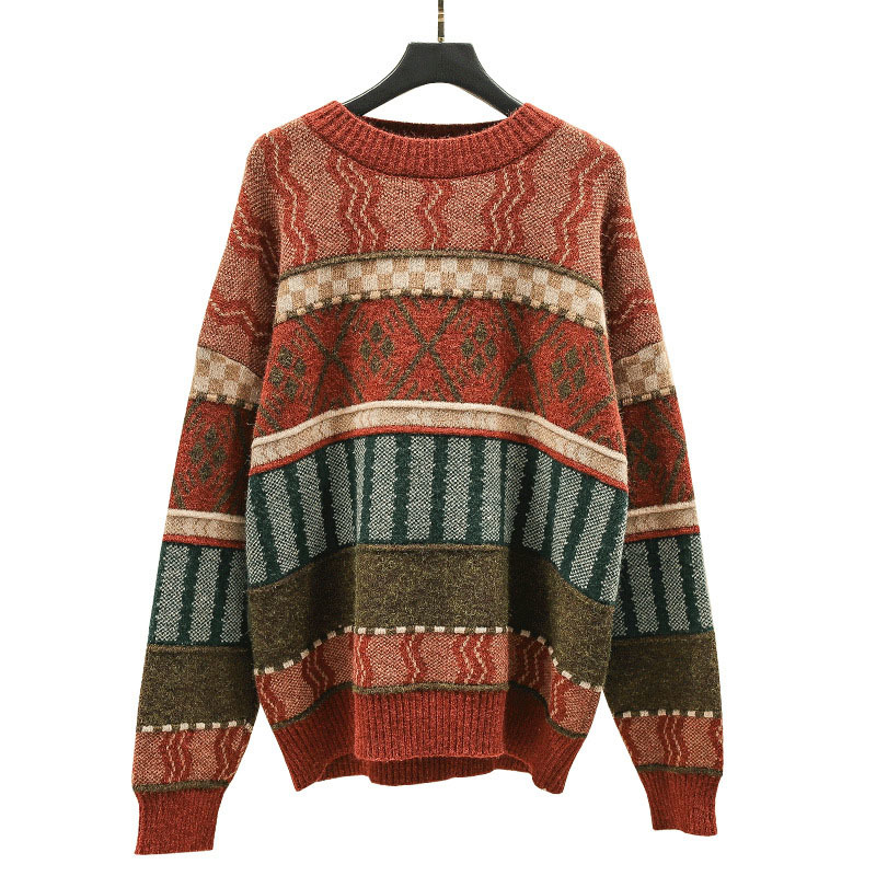 Autumn Winter Women's Sweater Nordic Style Round Neck Retro Jacquard Pullover Sweater New Loose Casual Knitted Sweaters LL298 210218