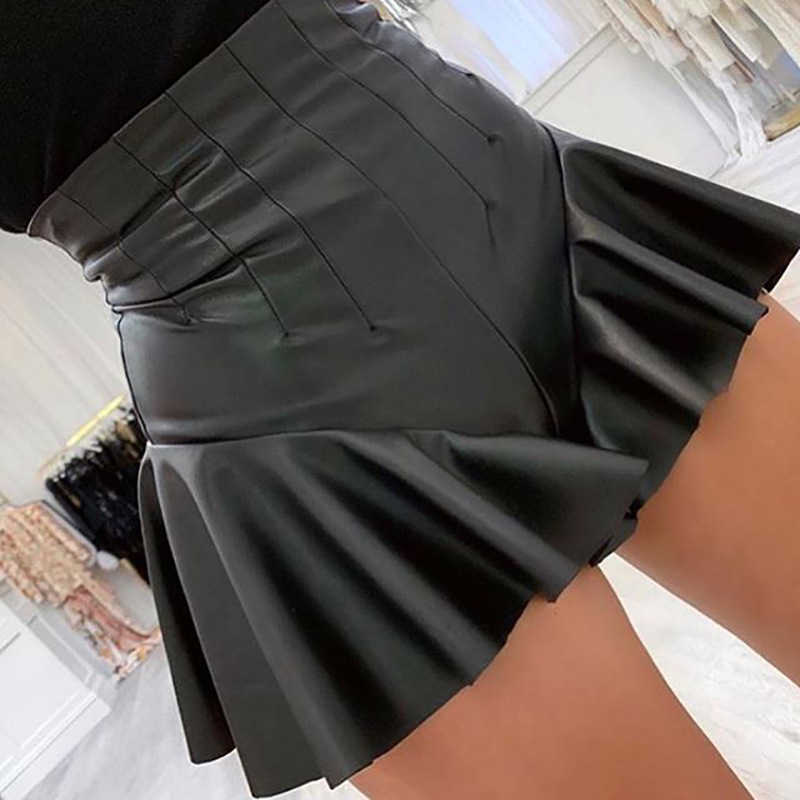 Colysmo Pu Leather Mini Skirt High Waist Sexy Pleated s Womens Black Elastic Faldas Streetwear Club Party Bottoms 210527