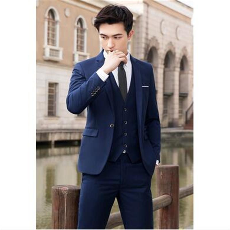 Men's Slim Fit 3 Piece Navy Blue Polyester Wedding Business Suit Jacket Pants Vest Style Designer