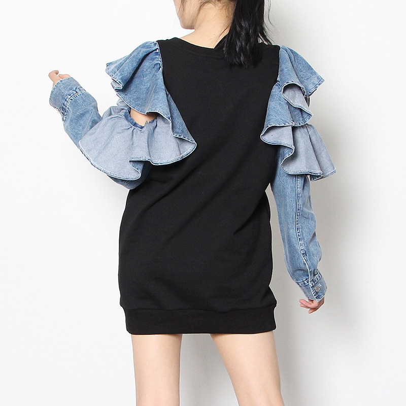 Spring Patchwork Denim Ruffle Sweatshirt For Women O Neck Long Sleeve Casual Sweatshirts Female Fashion New Clothes, Black
Spring Patchwork Denim Ruffle Sweatshirt For Women O Neck Long Sleeve Casual Sweatshirts Female Fashion New Clothes, Black