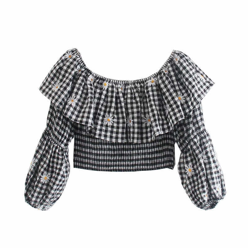 Embroidered Za Blouse Women Long Puff Sleeve Cropped Plaid Top Chic Smocked Elastic Ruffle Retro Shirt Chic Summer Blouses 210602