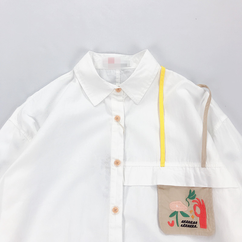 Bebobsons Casual Blouse For Women Cartoon Patch Long Sleeve Ladies Cotton Shirt Tops White Khaki 210225