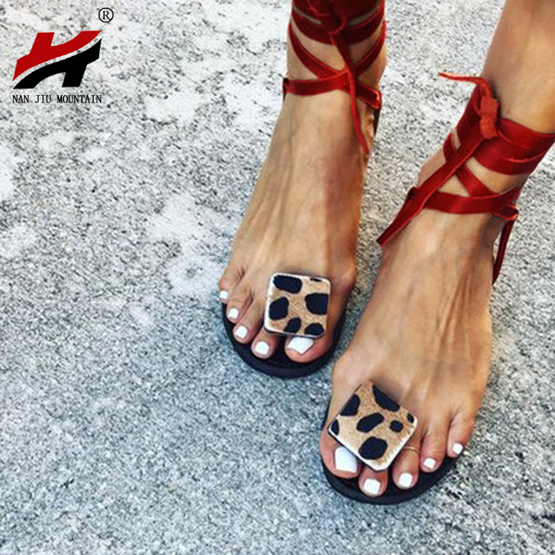 NAN JIU MOUNTAIN Summer Strap Sandals Women's Flats Open Toe Leopard Casual Shoes Rome Plus Size 35-43 210301