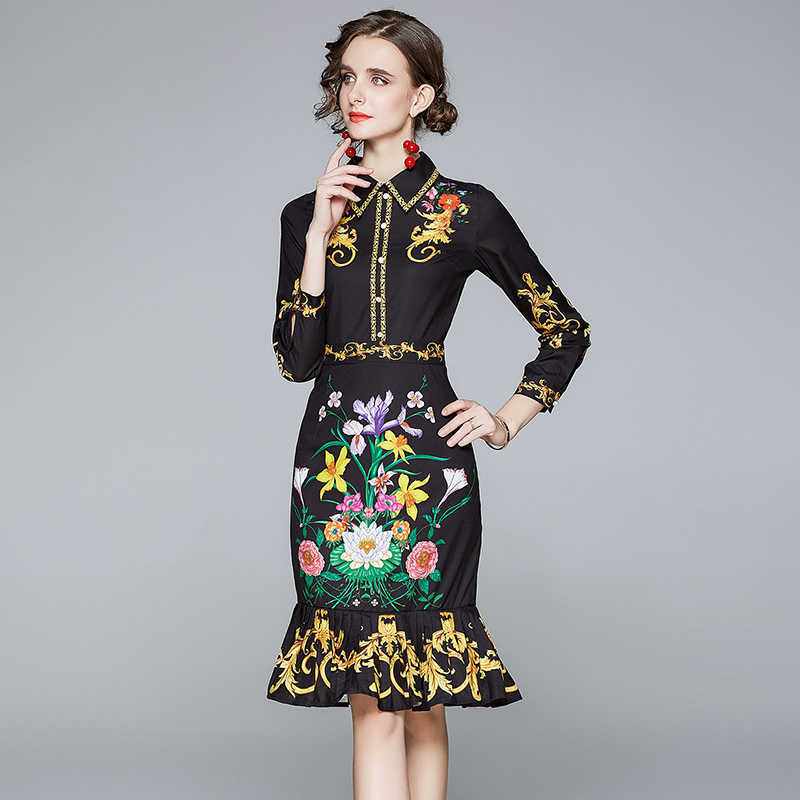 Autumn Women Printed Shirt Dress Black Sexy Female Elegant Slim Turn-Down Collar Long Sleeve Party Fishtail Dresses Vestidos 210525