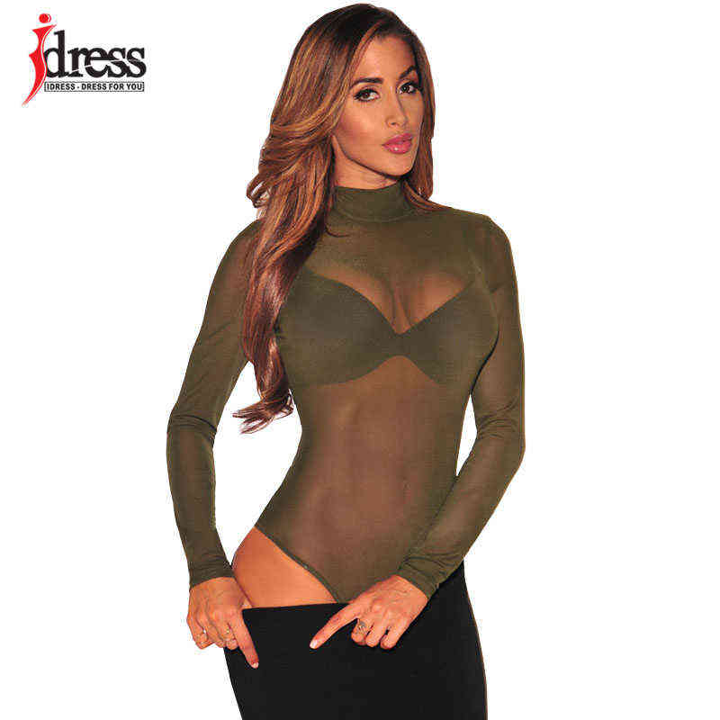 IDress Black White Khaki Green Blue Mesh Bodysuit See-through Sexy Bodycon Bodysuit Long Sleeve Women Rompers Bodycon Jumpsuit 211111