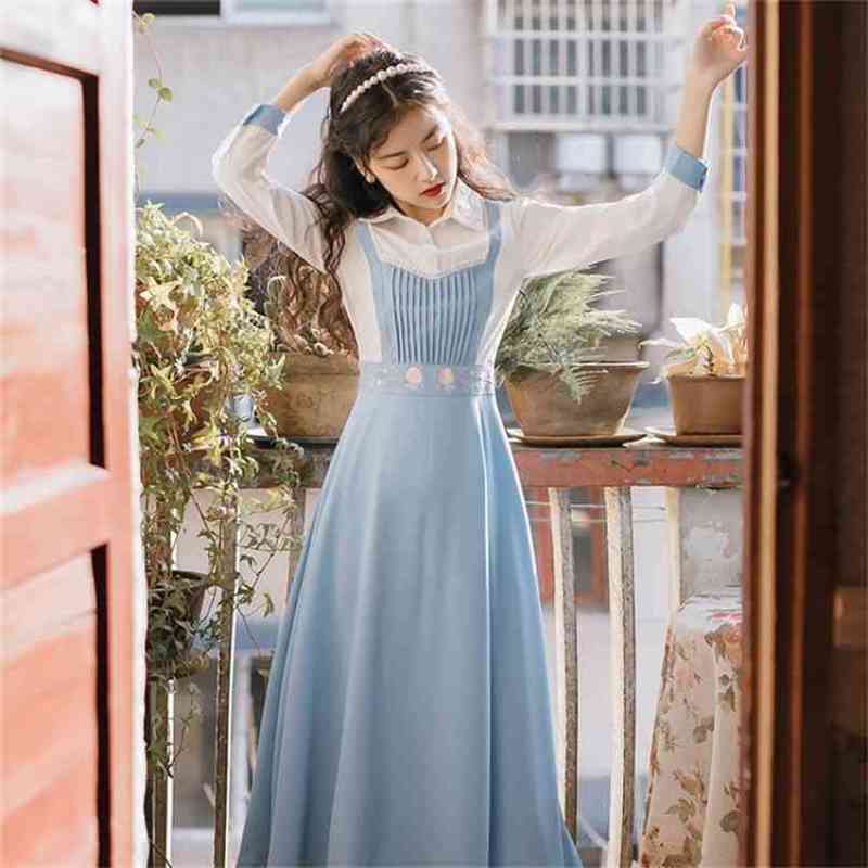 Spring Long Women Dress White Patchwork Blue Floral Embroidery Girls Dresses Chiffon Fake Set Mid-Calf Preppy Style 210603
Spring Long Women Dress White Patchwork Blue Floral Embroidery Girls Dresses Chiffon Fake Set Mid-Calf Preppy Style 210603