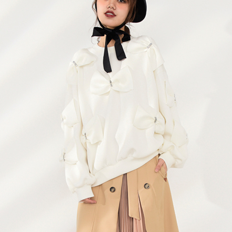DEAT Autumn New Arrivals Long Sleeve O Neck Diamonds Bow Decoration Cotton Sweatshirt Women Pullovers MK710 201211