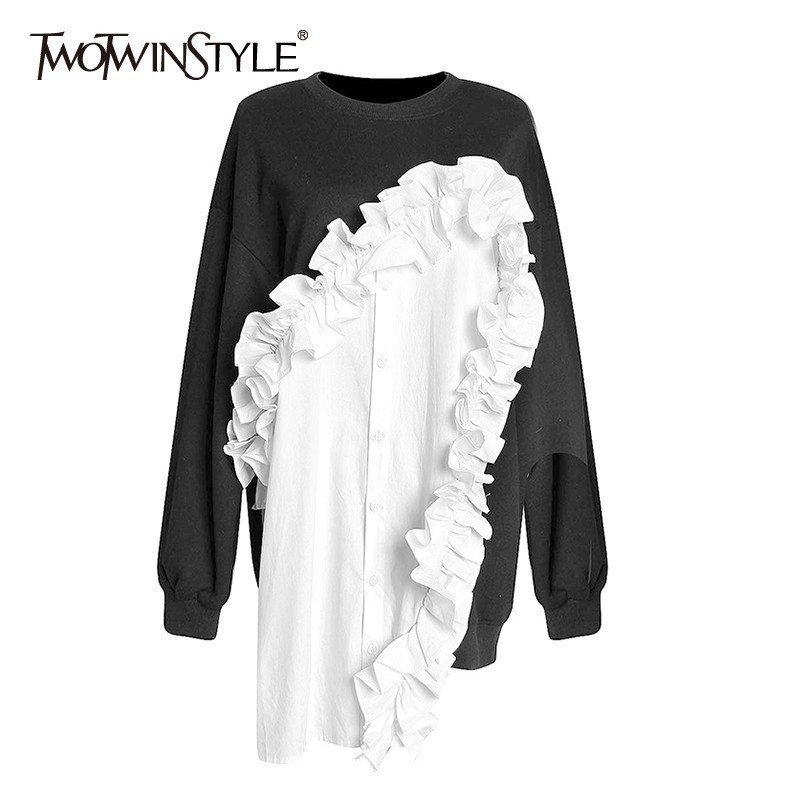 TWOTWINSTYLE Patchwork Ruffle Women's Sweatshirt Long Sleeve Hit Colors Irregular Pullover Tops Female Autumn Fashion 201203