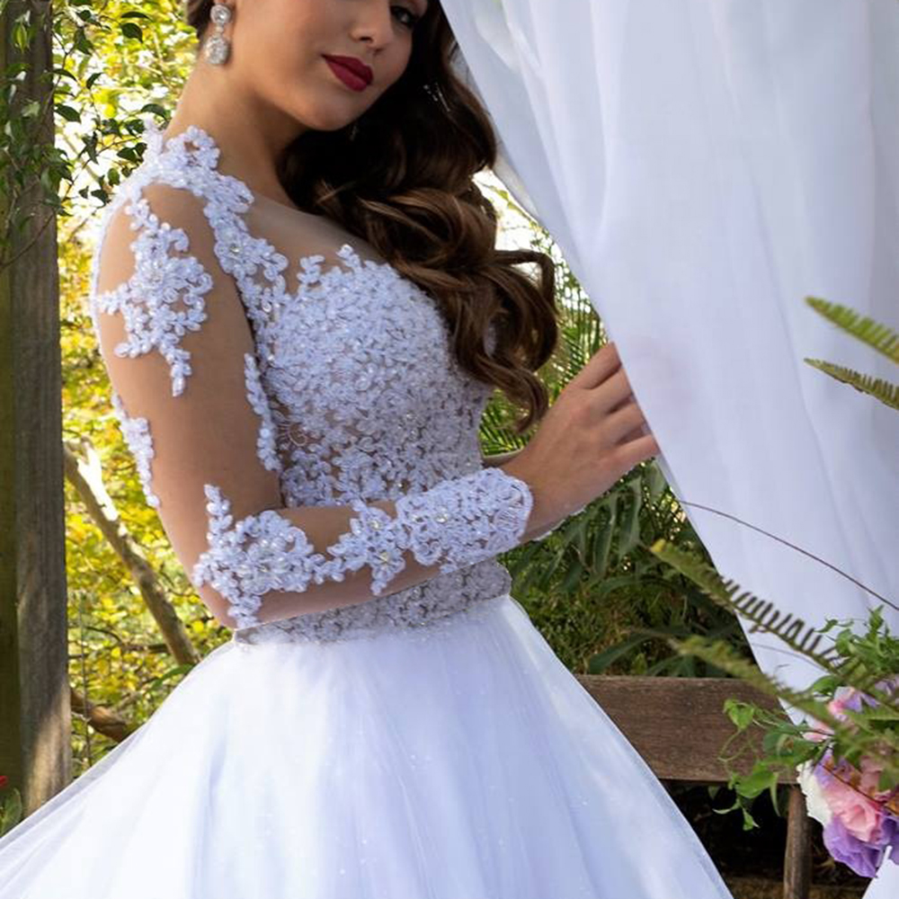 Vintage Chapel Train A Line Wedding Dresses Bridal Gowns Bright White Long Sleeves Lace Appliqued Luxury Beads Formal Bride Dress Tulle Robe De Marria