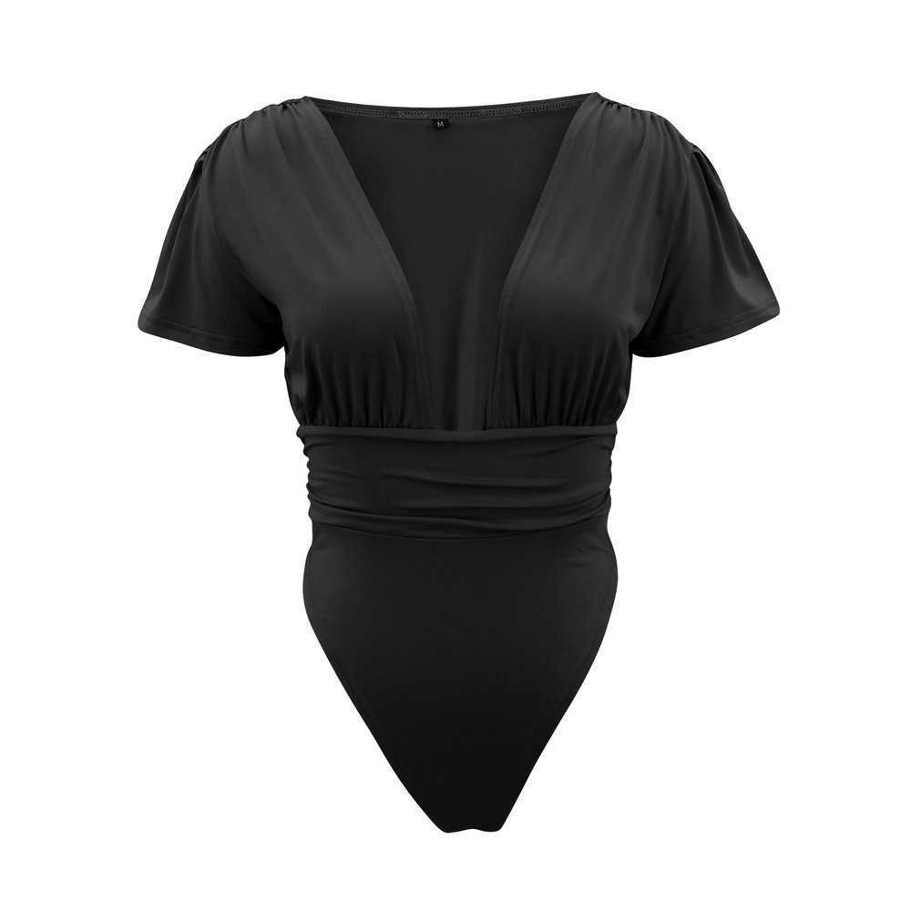 Summer Bodysuits Sexy Deep V-Neck Pleated Waist Tights Fashion Solid Color Black Jumpsuits Women Slim Short Sleeve Rompers 210526