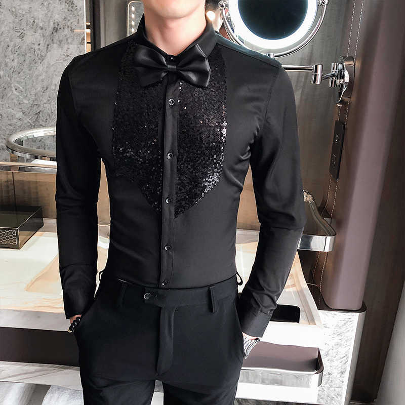 White Black Tuxedo Shirt Men Sequins Patch Solid Long Sleeve Dress Slim Fit Shirts Stage Wedding Prom Gentleman Blouse Male 210730
