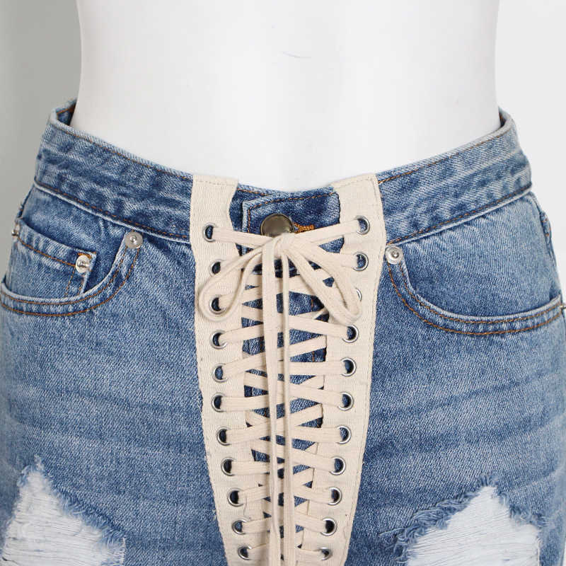 TWOTWINSTYLE Patchwork Cross Strap Denim Women's Shorts High Waist Hole Tassel Streetwear Female Summer Fashion 210714