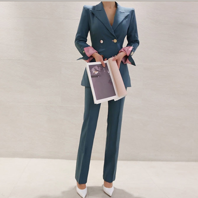 Runway Women's Blazer Suit 2 Pieces Set Autumn Elegant Fashion Doublebreasted OL Bussines Office Lady Blazer Pants Suits