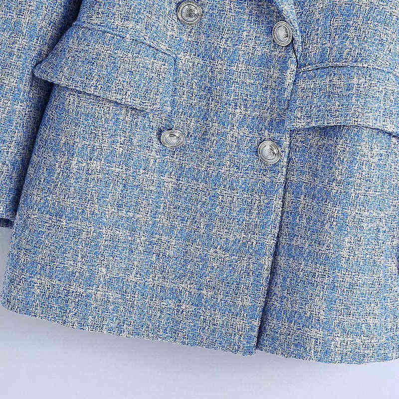Women's Vintage Plaid Double Breasted Tweed Blazers Coat Women Elegant Office Ladies Long Sleeve Female Outerwear Blaser 211122