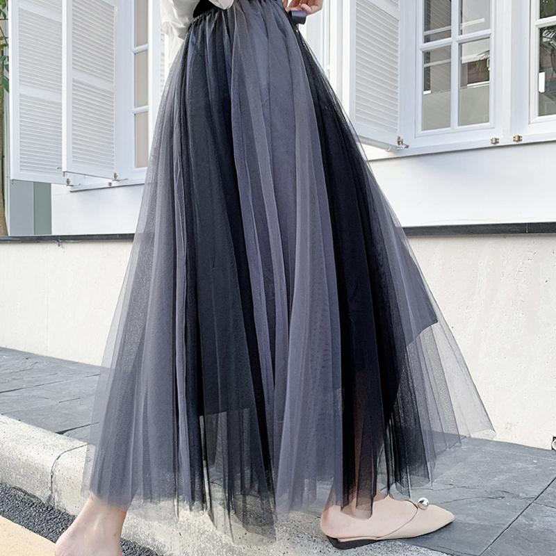 New Autumn Winter Vintage Tulle Skirt Women Elastic High Waist Mesh Skirts Long Pleated Tulle Skirts Party Mesh A-Line Skirt 210309