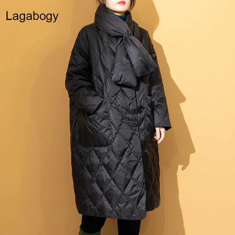 Lagabogy Winter Coat Women White Duck Down Jacket Female Casual Long Parkas With Scarf Warm Loose Snow Coat 210930