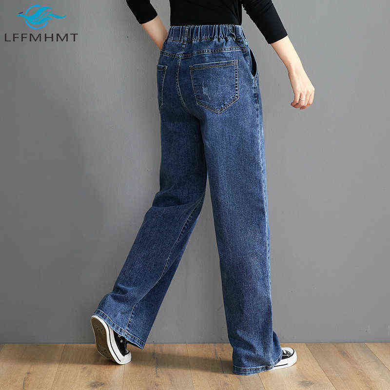 OYS 202 Elastic High Waist Women Denim Pants Office Lady Korean Simple Casual Loose Jeans Female Solid Color Vintage Trousers 211111