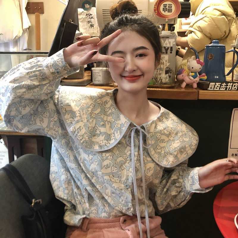 Korean Funny Cartoon Printed Blouse Tops Causal Long Sleeve Women Shirt Sweet Bow Tie Peter Pan Collar Blusas 6F830 210603
