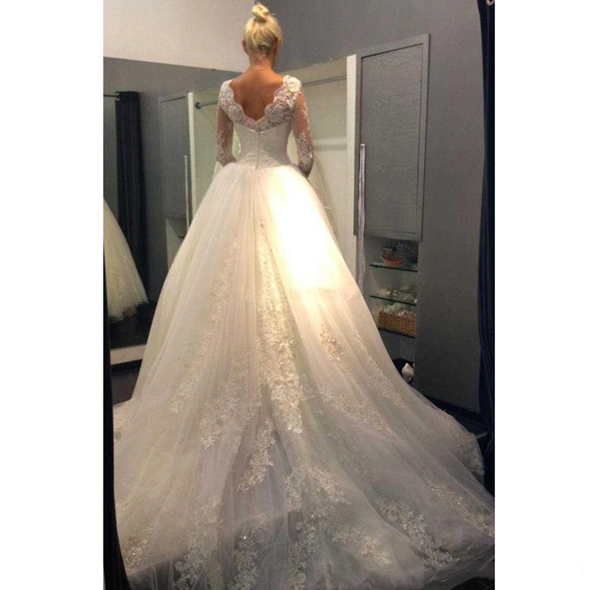 Sexy Sheer Neck Lace Long Sleeves Ball Gown Wedding Dresses Tulle Applique Beaded Court Train Bridal Gowns Free shipping