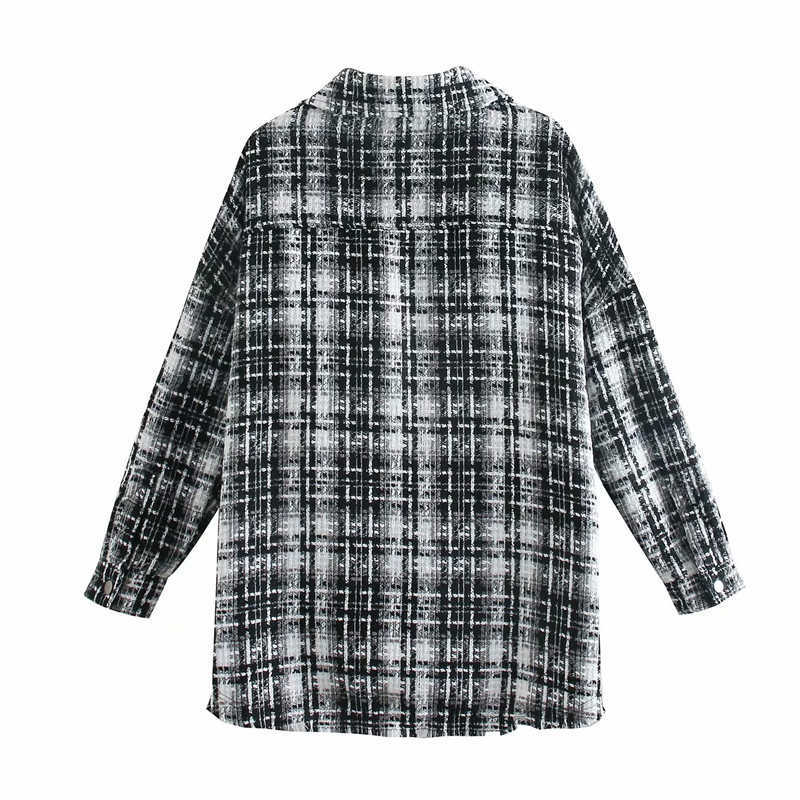 Za Textured Weave Plaid Jacket Women Vintage Long Sleeve Frayed Overshirt Female Chic Plus Size Winter Coat Top 210602