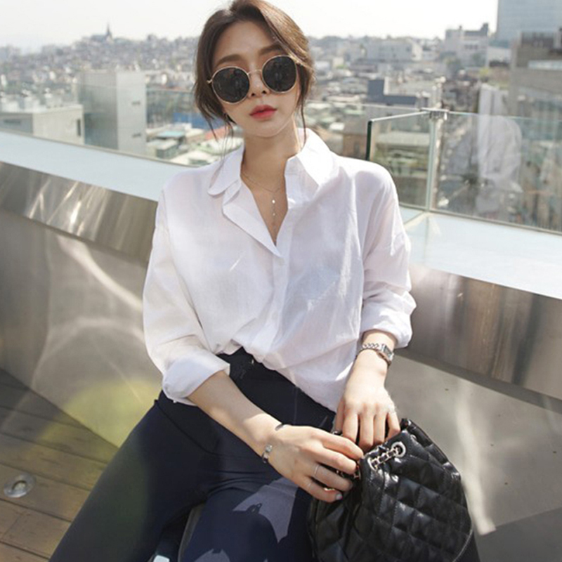 Spring Autumn Turn-down Collar Long Sleeve Blouse Women Office Lady Solid White Shirt Korea Loose Cardigan Clothing Blusas 11274 210225