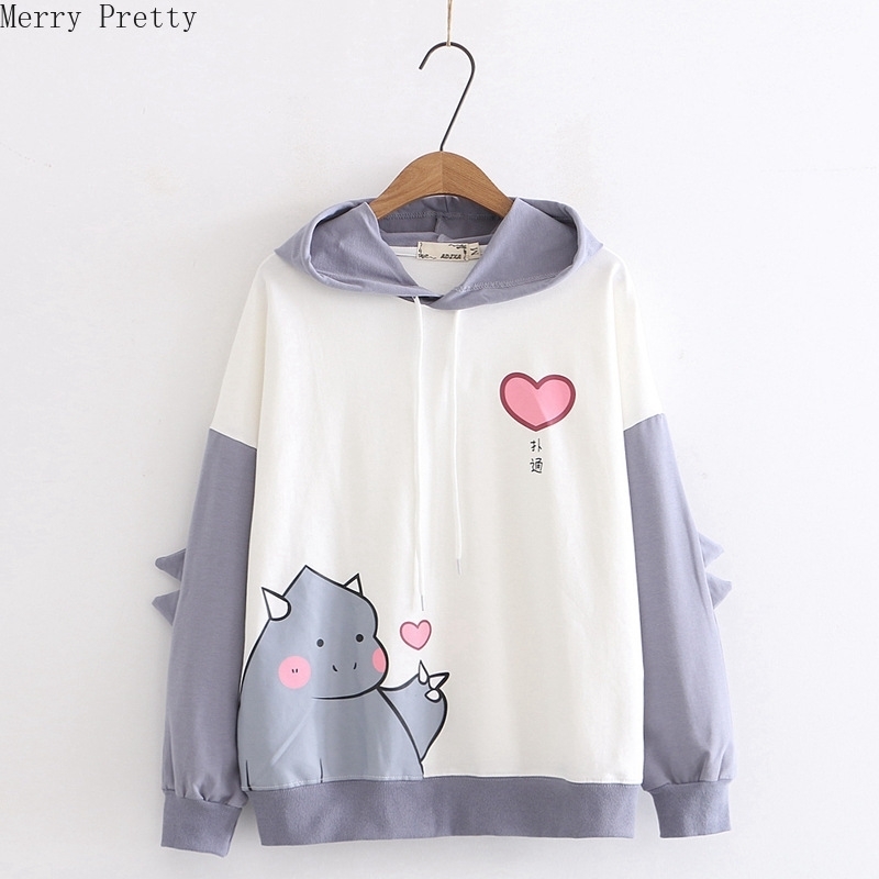 Women Cartoon Dinosaur Print Funny Hoodies Sweatshirts With Horns On Hooded Harajuku Cute Cotton Pullover Casual Loose Tracksuit 201102
