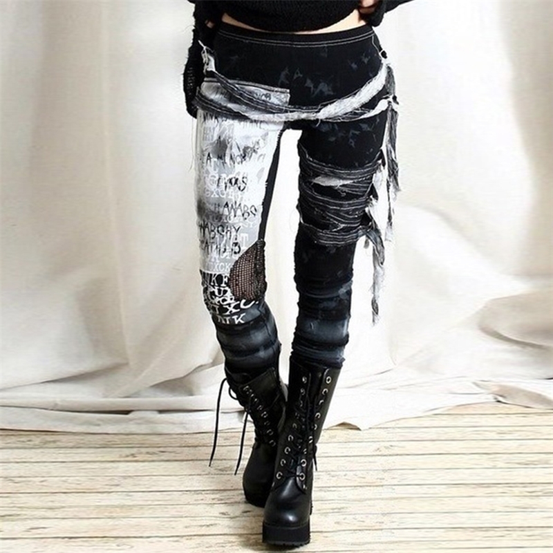 Gothic Pants Girls Vintage Mesh Lace Up Skinny Trousers Punk Style Women's Printed Pencil Pant High Street Ladies Leggins D30 T200606