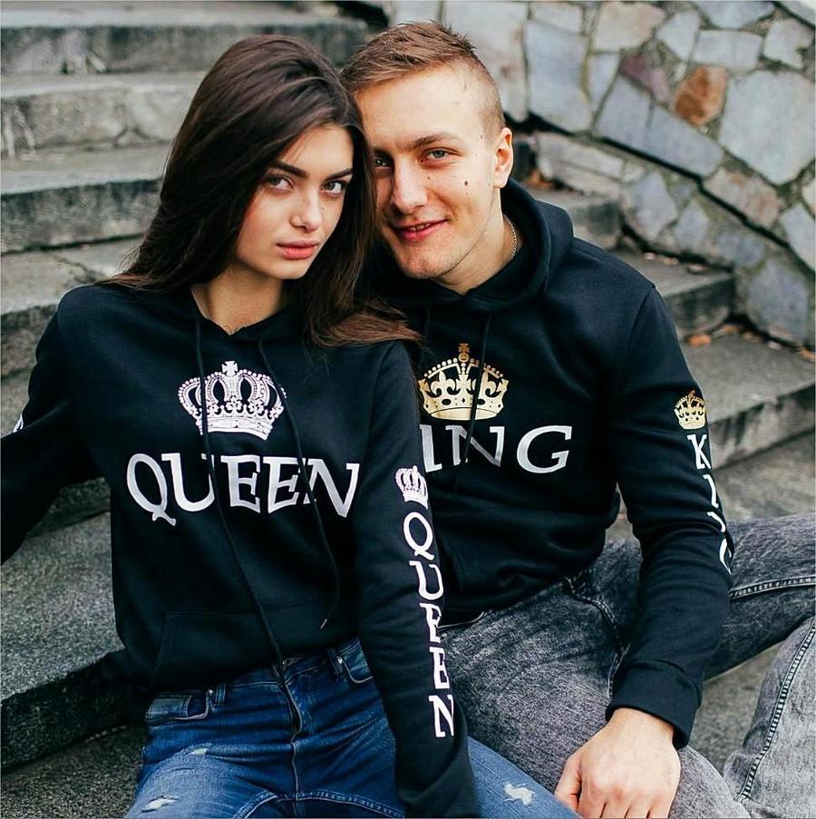 Poshfeel King Queen Printed Couple Hoodies Women Men Sweatshirt Lovers Couples Hoodies Casual Pullovers Gift 201102