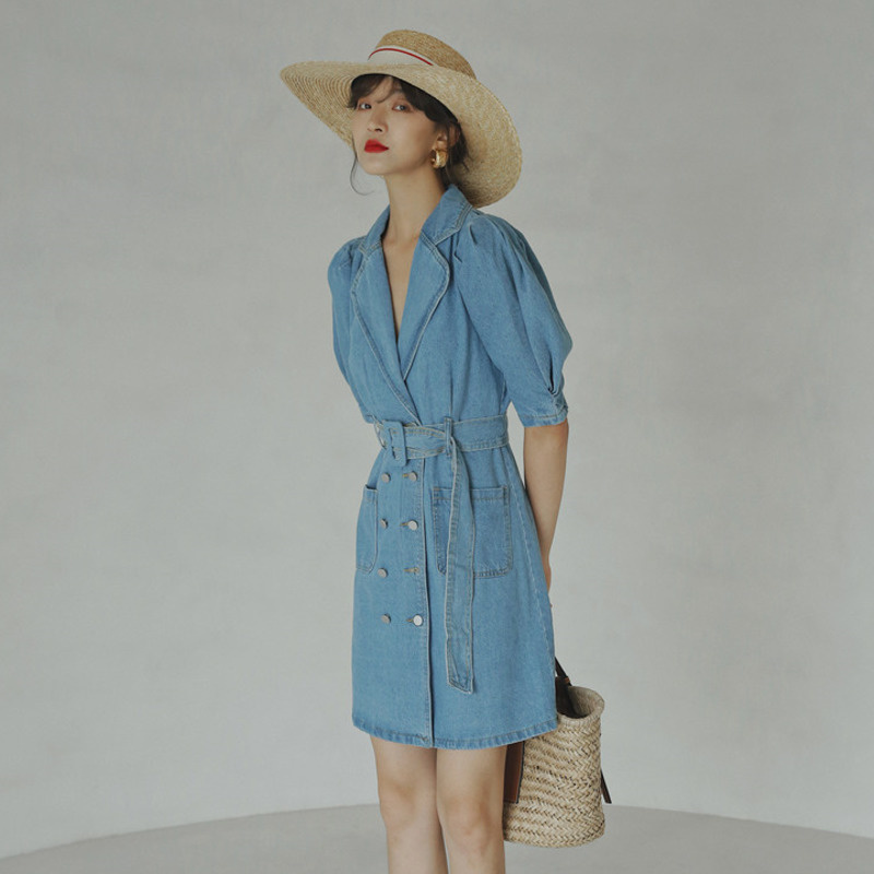 Women Short Sleeve Lapel High Waist Denim Dress With Belt Casual Fashion Summer Arrivals 2H037 210526