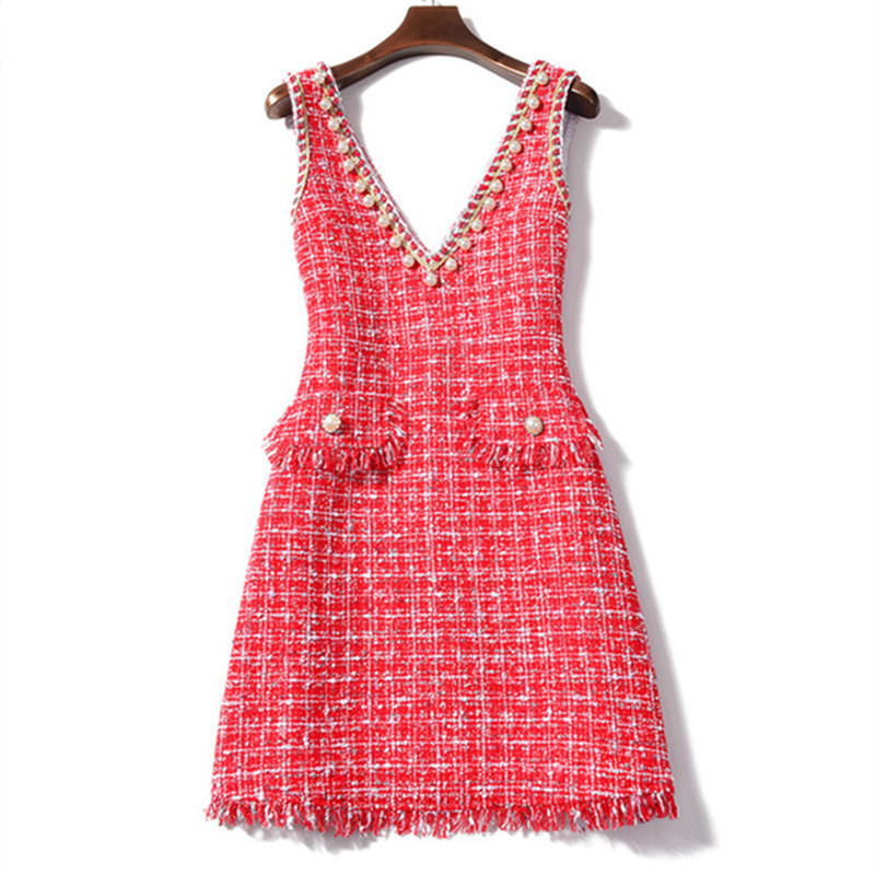 High Quality Autumn Winter Dress chic Women V Neck Sleeveless Pearls Tweed Birthday Gift Party Dresses Vestido 210525, Picture color
High Quality Autumn Winter Dress chic Women V Neck Sleeveless Pearls Tweed Birthday Gift Party Dresses Vestido 210525, Picture color