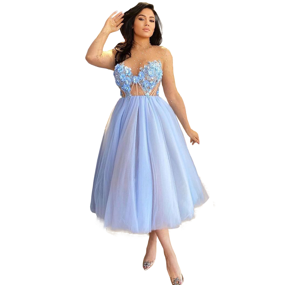 Evening Dresses Custom Made Sky Blue with Nude Tulle Beaded Flowers Appliqued Tea Length Zipper Back B21112