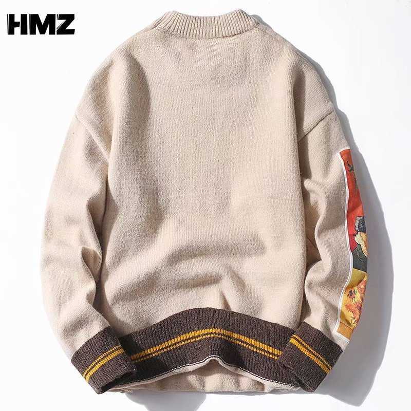 HMZ Van Gogh Sleeve Patchwork Pullover Knit Sweater Mens Hip Hop Embroidery Pullover Crewneck Knitwear Sweaters Streetwear Tops 211008