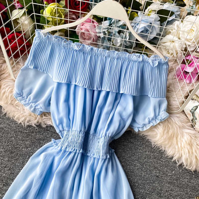 DEAT Women Chiffon Slim Slash Neck Off Shoulder Dress Solid Color High Waist Fashion Spring Summer MZ997 210709