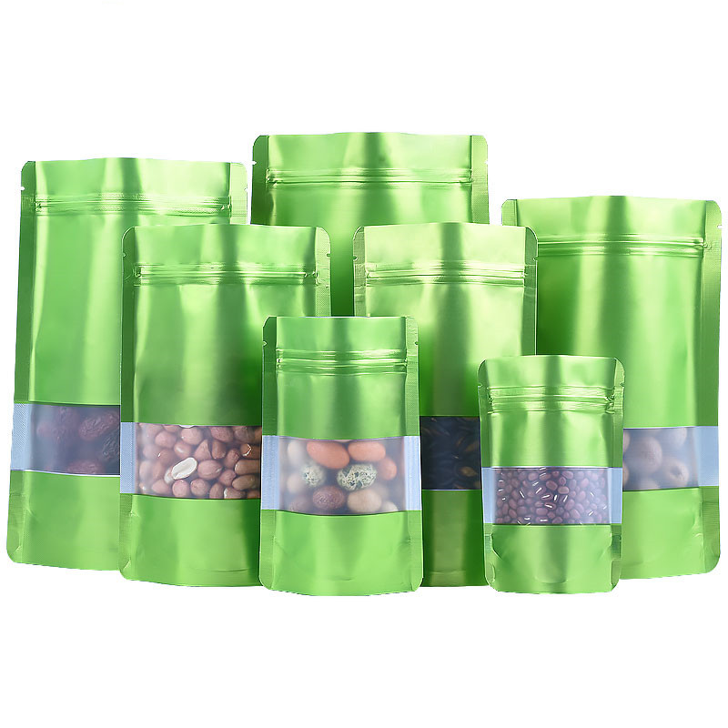 100pcs Doypack Matte Green Window Zip Lock Aluminum Foil Bag Stand up Resealable Meat Coffee Powder Snack Nuts Xmas Wedding Gifts Heat Sealing Packagi