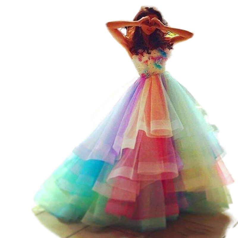 Rainbow Colorful Puffy Prom Dresses Sweetheart Hand Made wers Appliqued Long Sweet 16 Dress Teen Girls Women Pageant Evening Gowns